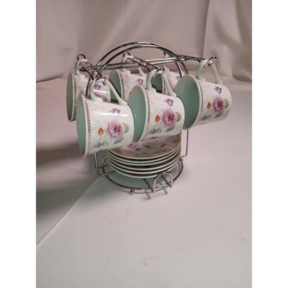 Lorren Home Trends Coffee Collection Mini Cup and Plate Set w/Rack - Picture 2 of 6